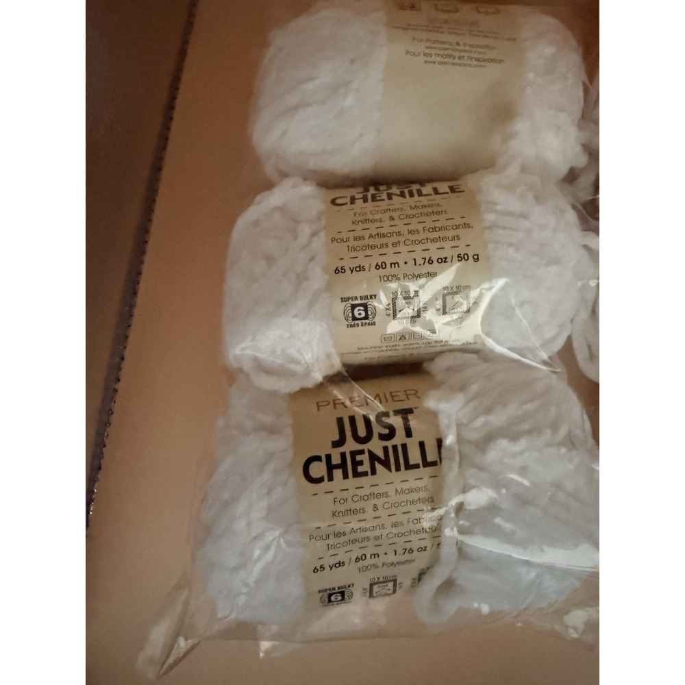 Premier Just Chenille Yarn WHITE Lot‎ of 3 Skeins 65 Yards 100% Polyester Soft